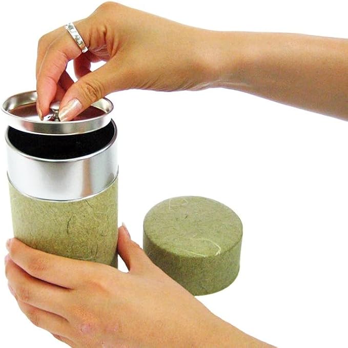 Japanese Pokkan Matcha Coffee Spice Tea Tin Canister Washi Paper Storage with Lid 3.89 oz Capacity (Unryugami Green, S)