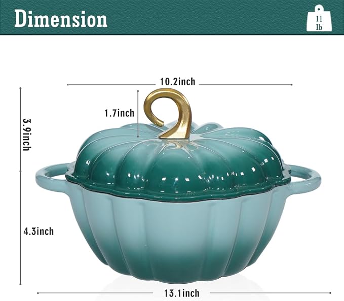 Pumpkin Enameled Cast Iron Dutch Oven with Lid, 4.5 QT Dual Handles and Heavy Duty Pot, Oven Safe up to 500°F for Bread Baking, Braising, Cooking and Family Gifts, Cyan