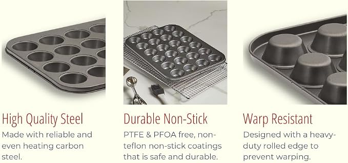 24-Cup Mini Muffin Pan - Non-Stick Carbon Steel Mini Cupcake Pan - Heavy Duty Metal Baking Tray, Warp-Resistant, PFOA Free & Dishwasher Safe