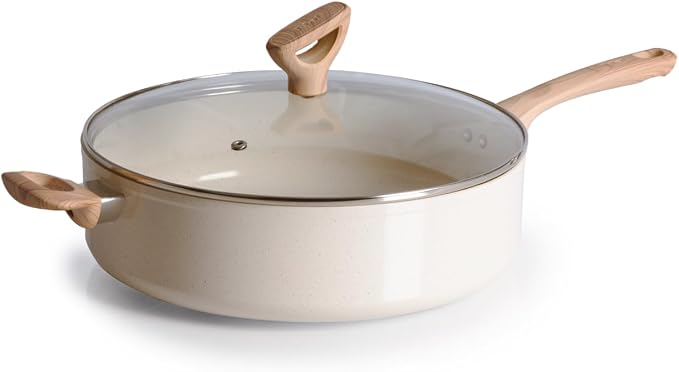 T-fal Revive Ceramic Nonstick Sauté Pan with Lid, 6 Qt Forged Skillet | Recycled aluminum body, GoCeram ceramic nonstick, Thermo-Spot heat indicator, Oven safe to 350°F, Gas and electric compatible