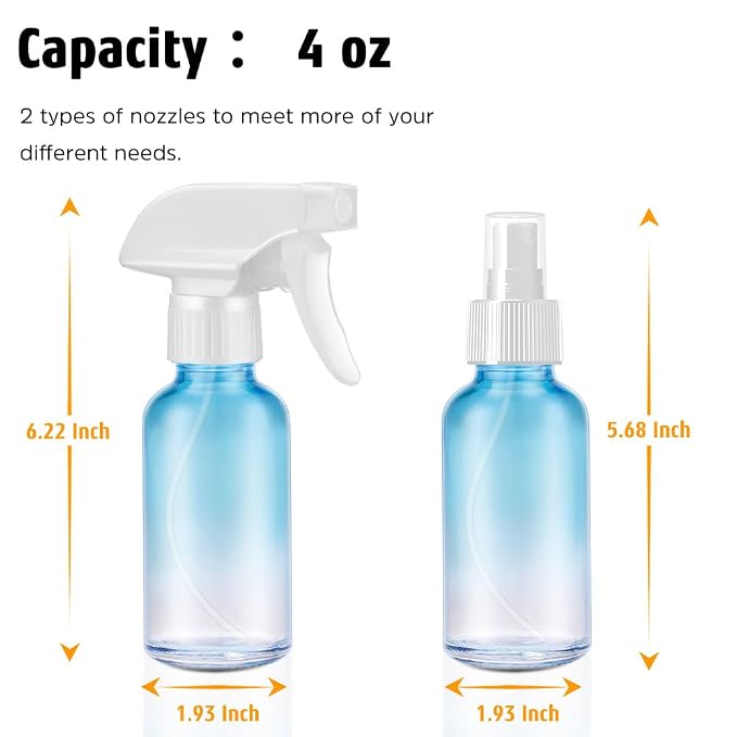 Small Glass Spray Bottle 4 OZ, 2 Pack Empty Blue Glass Spray Bottles | Empty Spray Bottles for cleaning, Plants, Pets, Hair, Durable Spray Nozzle, Fine Mist, Labels, Funnel, Pipettes, Reusable