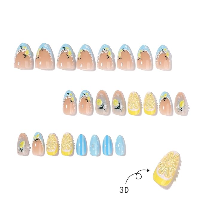 Summer Lemon Press on Nails Short Almond Shape Fake Nails with 3D Lemon Floral Design Blue French Tip Glue on Nails Cute Fruit Beach Acrylic Nail Tips Full Cover False Nails for Women 24Pcs