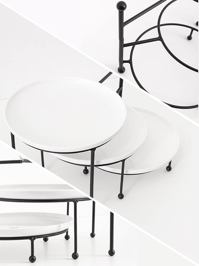 Kanwone 3 Tiered Serving Stand with White Porcelain Plates, 10.3" Round Tray, Dessert Table Display Set, Black Metal Stand, Versatile & Durable