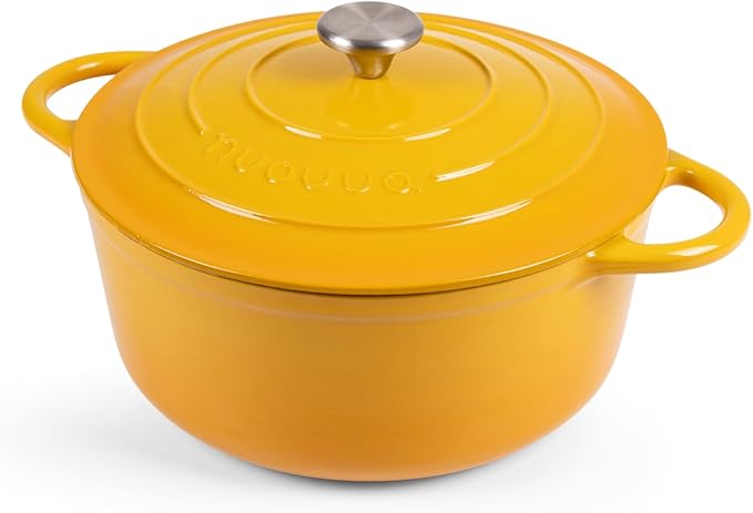 Nuovva Enamelled Cast Iron Dutch Oven Pot with Lid 6.4 Quart Non Stick Casserole Pot-Heavy Duty & Oven Safe up to 500° F for Bread Baking, Braising, Stews, Roasting - 28cm Yellow