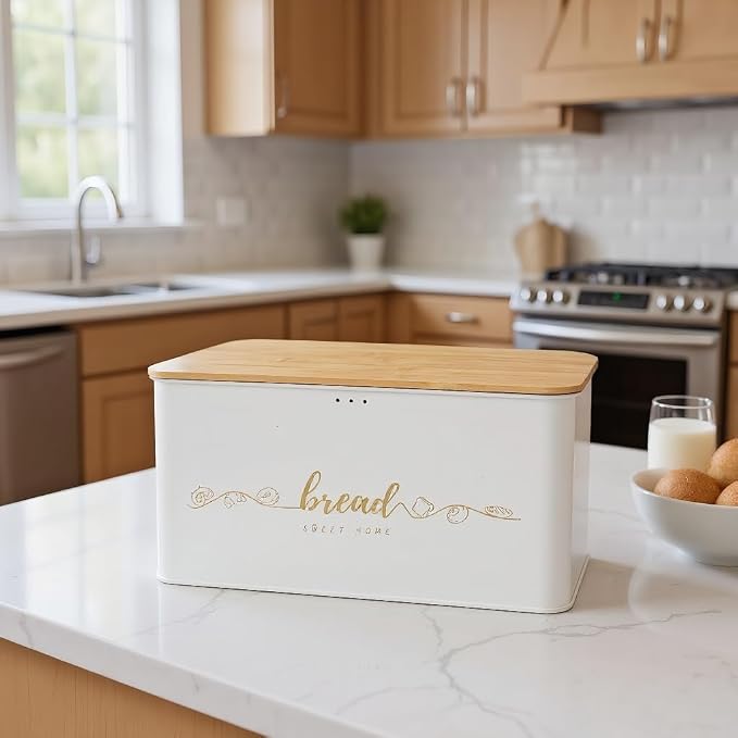 Bread Box with Bamboo Cutting Board Lid, Metal Bread Box for Kitchen Counter, Small Bread Storage Container, Cream Bread bin for Kitchen Countertop