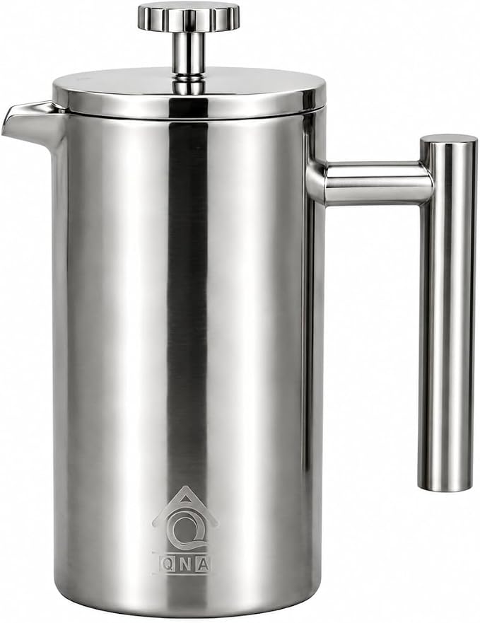 QNA French Press Coffee Maker, 34oz(1000ml)304 Stainless Steel, Double Wall | Includes a coffee canister and extra filter for upgraded 4-layer filtration, delivering smoother coffee with fewer grounds.