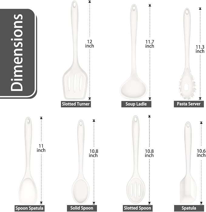 P&P CHEF White Kitchen Utensils, Silicone Cooking Utensil Set of 7 | Soft Spatula for Nonstick Cookware, Slotted Turner, Soup Ladle, Pasta Server, Spoon for Cooking, Dishwasher Safe & Heat Proof