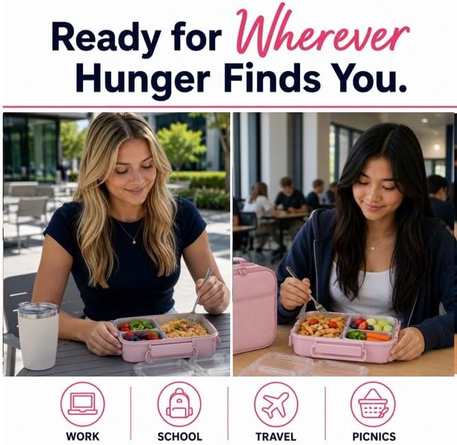 kinsho BIG Bento Lunch Box & Bag, Stainless Steel - Adults Teens Kids Pink | Holds 5 Cups in 3 Removable Metal Containers, Silicone Seals, Bonus Lids, Insulated, Utensils, Leakproof for Work School Food
