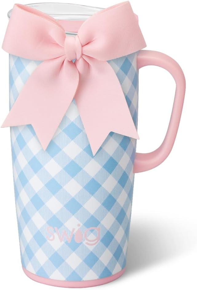 Swig Life 22oz Insulated Travel Mug with Handle & Lid, Gingham | Triple Insulated Stainless Steel - Handle & Lid Included - Keeps Coffee Hot or Cold - Cup Holder Friendly