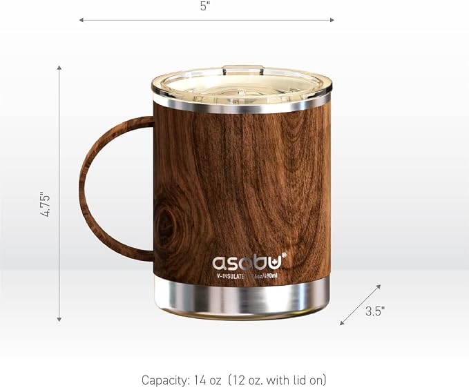 asobu Ultimate Stainless Steel Ceramic Inner Coating Coffee Mug with Double Walled Copper Lining Insulation, 12 Ounces -(Wood)