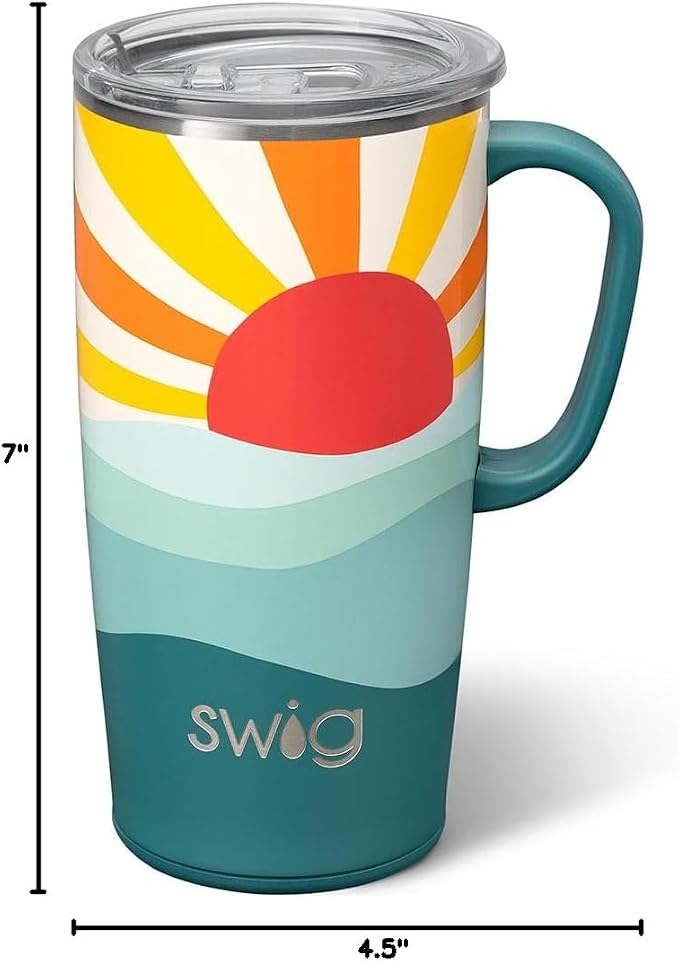 Swig Life 22oz Insulated Travel Mug with Handle & Lid, Sun Dance | Triple Insulated Stainless Steel - Handle & Lid Included - Keeps Coffee Hot or Cold - Cup Holder Friendly