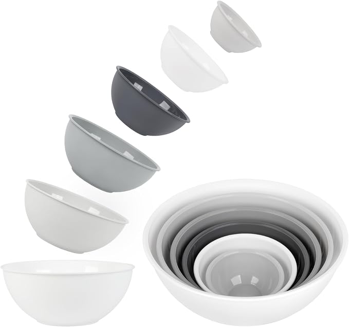 BoxedHome BPA Free Plastic Round Mixing Bowl with Lids, 12 Pack Nesting Bowls with Lids Set, Microwave and Dishwasher Safe Prep & Serving Bowls Great for Mixing, Baking, Serving (White, 12pcs)