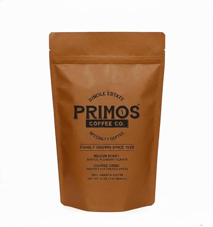 Primos French Press Coffee - Medium Roast Arabica - Coarse Grind | Coarsely ground for balanced extraction; smooth, low acid, fruit & cacao notes; from our Nicaraguan farm & Texas roastery