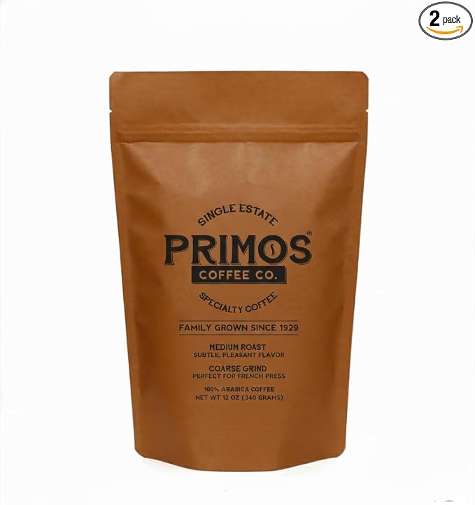 Primos French Press Coffee, Coarse Grind - 2 Bags - 1 Medium & 1 Dark Roast | Coarsely ground for balanced extraction; smooth, low acid, fruit & cacao notes; from our Nicaraguan farm & Texas roastery