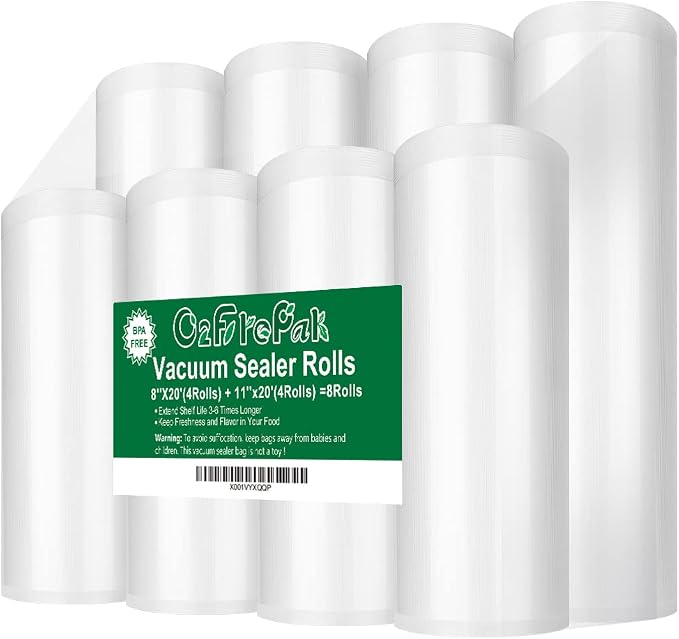 O2frepak 8RL Vacuum Sealer Bags Rolls 8"x20'(4)+11"x20'(4) for Food Storage | BPA Free Food Grade,Commercial Grade,Customized Size,Heavy Duty 8Pack Food Sealer Bags Rolls,Great for All Vacuum Sealer