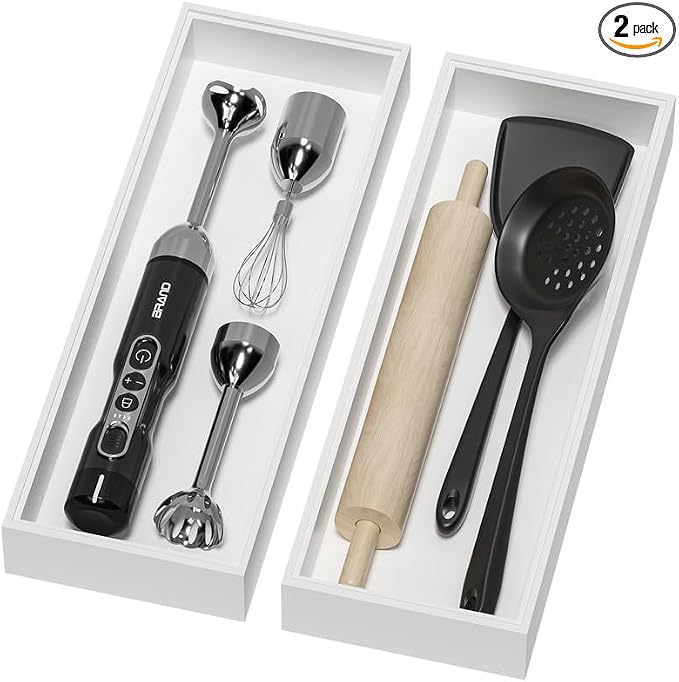 Lixple Bamboo Kitchen Drawer Organizer, 2 Pack, 17" x 6" x 2", White | Fits Large Silverware, Kitchen Utensils, BBQ Tools & Serving Tools, Inner Size 16.3" × 5.3" × 1.77"