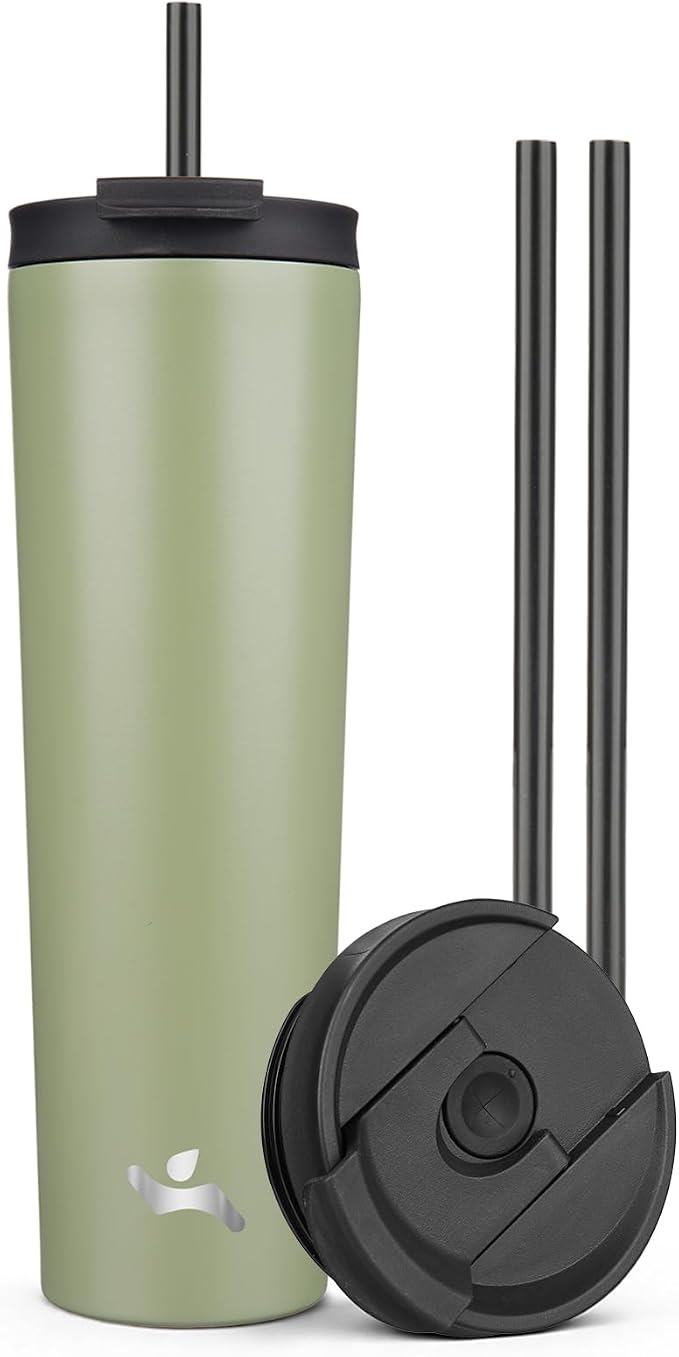 Konokyo 34 oz Insulated Tumbler Water Bottle with Straw Lid, ArmyGreen | Stainless steel insulated tumbler for coffee, water and iced drinks; spill-proof lid, 2 straws, cup-holder friendly