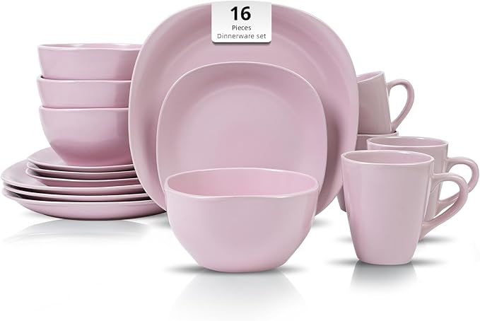 HomeVss, Stoneware Square 16pc Dinnerware Set, Matte Rose