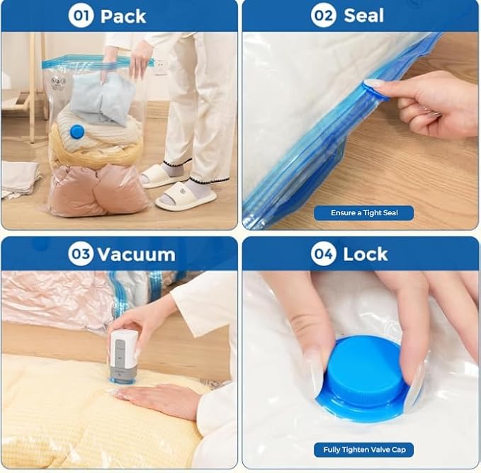 ETENWOLF 4 Combo Vacuum Storage Bags for Travel with Wireless Pump | Vacuum Seal Bags for Clothing Travel, Compression Packing Bags for Clothes and Blankets, Space Saver Bags in Carry-On Sizes
