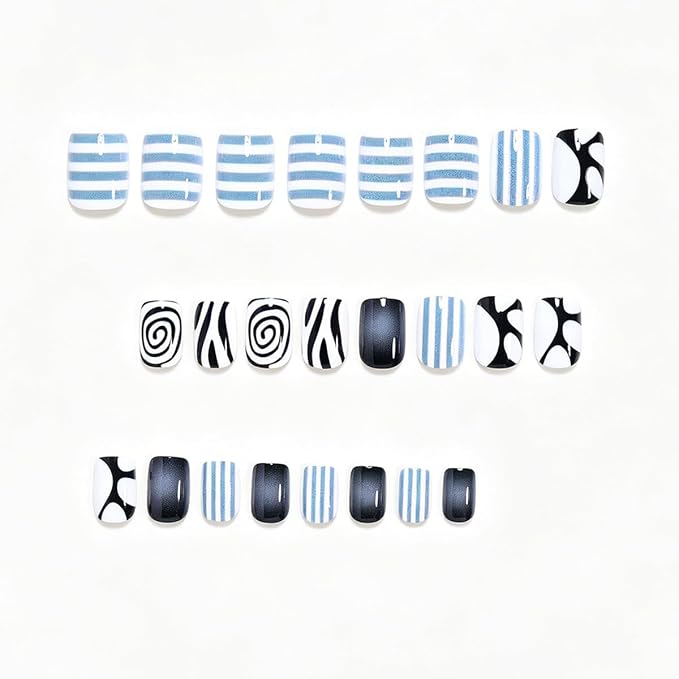 WLGDLH Press on Nails Short Square Fake Nails Press ons Nail Art Tips with Blue Stripes Black White Irregular Lines Design Cute Glossy False Nails Full Cover Repeatable Glue on Nail for Women 24Pcs
