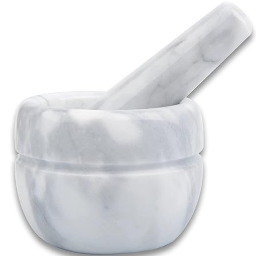 Mortar and Pestle Set Polished Natural Marble Stone Guacamole Molcajete Bowl with Silicone Pad, Stainless Spoon and Small Brush (Small, Light White Gray)