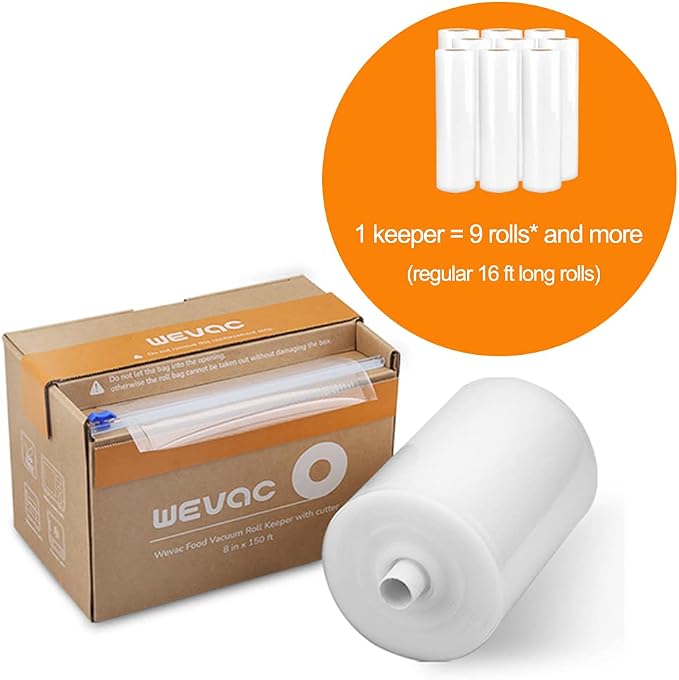 Wevac Vacuum Sealer Bags for Food, 11"x150' Roll, Fits Food Saver Machines | Roll Keeper with Cutter, BPA free, Commercial Grade, Heavy Duty, Freezer Safe, Sous Vide, Storage, Meal Prep, Meat, Fish,Soup