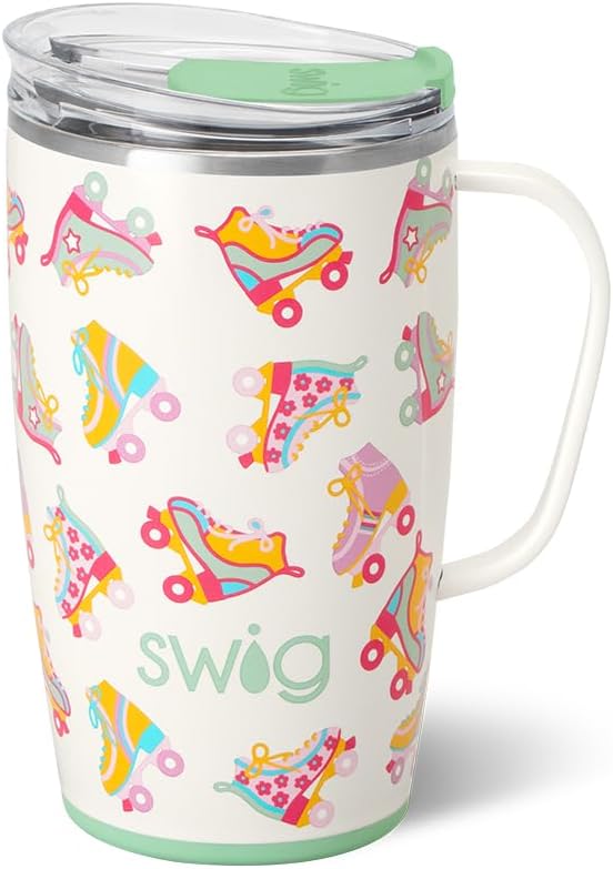 Swig Life 18oz Insulated Travel Mug with Handle & Lid, Roller Rink | Triple Insulated Stainless Steel - Handle & Lid Included - Keeps Coffee Hot or Cold - Cup Holder Friendly