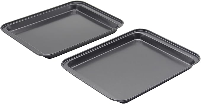 Small Baking Sheet Nonstick 9.45 X 7.09 Inch (Inner 7.5x6), 8 Inch Mini Cookie Tray Toaster Conventional Oven Pan No Warp No Rust Magnetic Bakeware for 1 to 2 person 2 Pack | Carbon Steel, Mini Pan, 1- 2 Person Use, Reheat Food, No Warp, Easy Clean, Sa...