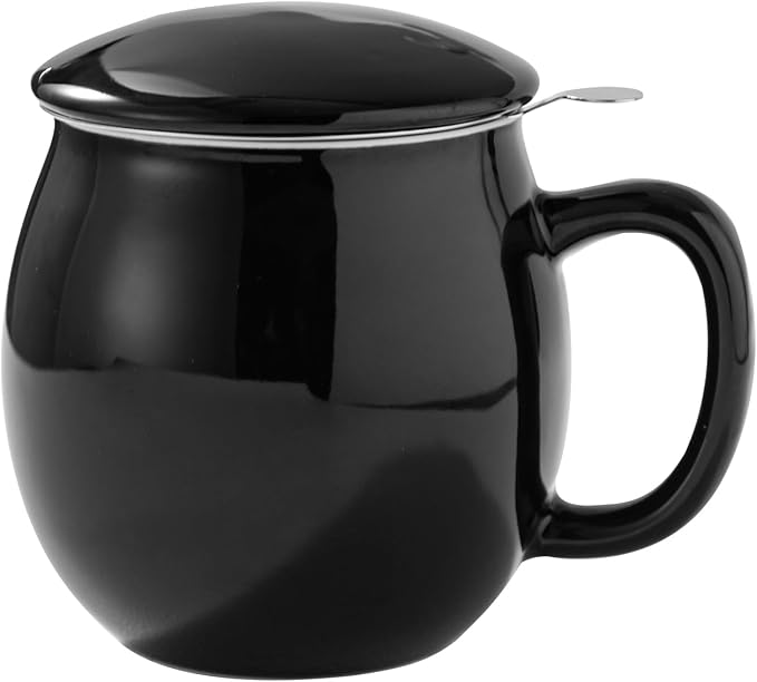 Yundu 12 OZ Brilliant Black Ceramics Teacup with Infuser and Lid, Mug with Lid for Steeping - Stainless Steel Infuser for Loose Leaf Tea, Home Office Gift for Tea Lovers