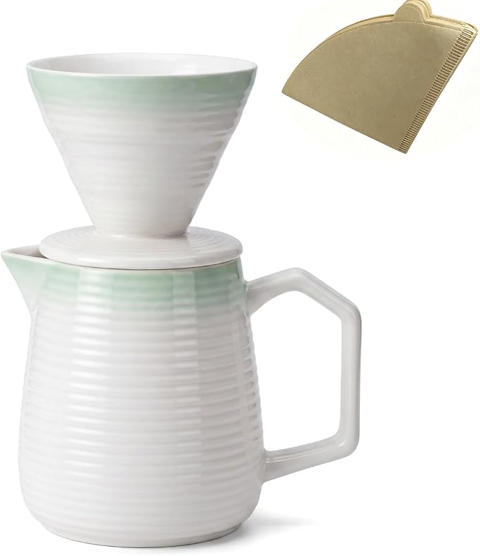 pour over coffee maker - Ceramic Dripper Pot, Heat-Resistant & Easy Clean | Manual Slow Drip Coffee Brewer for Office, Home, Camping 1-3 Cup Pour 20 coffee filters
