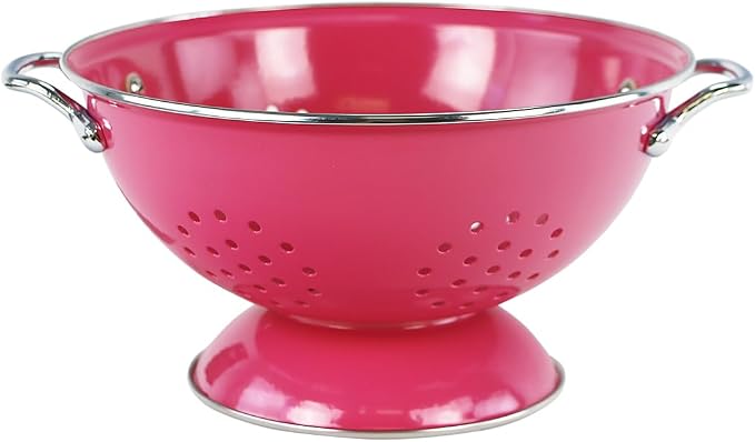 Reston Lloyd, 3 Quart Powder Coated Steel Kitchen Strainer Basket for draining Pasta, Vegetable and Fruit, Chrome Handles and Wide Stable Base, Magenta