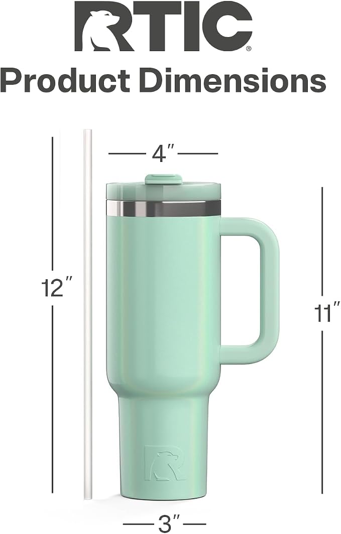 RTIC 40oz Road Trip Tumbler, Insulated, Ceramic Lined, Fresh Mint Glitter | with Lid, Handle and Straw, Stainless Steel Metal Cup, Portable for Hot and Cold Drinks, Coffee, Car, Camping, Travel