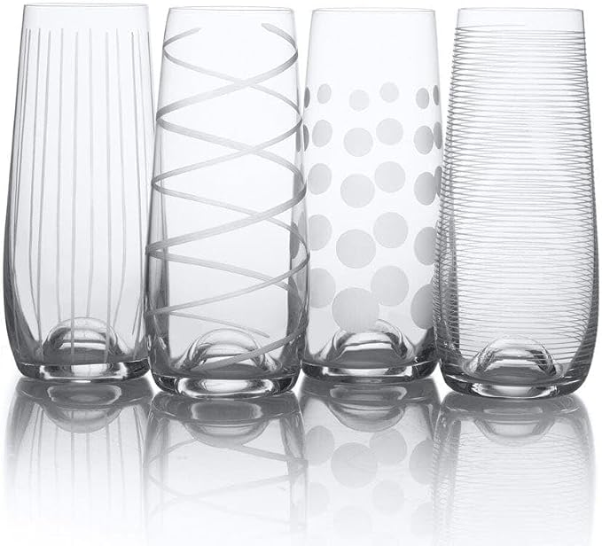 Mikasa Cheers Stemless Flutes, 7.5 Oz - Clear, Set of 4 | Lead-Free Crystal Drinkware with Dot, Line & Swirl Designs for Champagne, Prosecco, Cocktails & Mimosas, Dishwasher Safe
