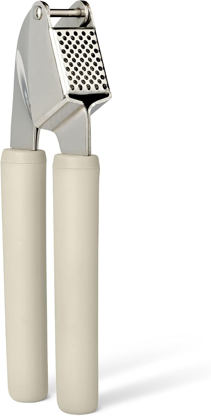 Amazon Basics Garlic Press, Stainless Steel, Soft Grip Handle, Dishwasher-Safe, Linen Gray