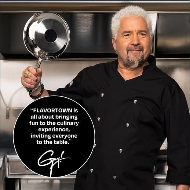 Guy Fieri's Flavortown 8-Quart Stainless Steel Stock Pot with Glass Lid | Tri-Ply Base For Even Heating. Oven And Dishwasher Safe, Compatible With Induction, Gas And Electric Cooktops