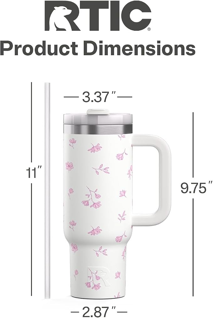 RTIC 30 oz Road Trip Tumbler Double-Walled Ceramic Lined InsulatedStainless Steel Portable Travel Coffee Mug Cup with Lid, Handle and Straw, Pink Magnolias