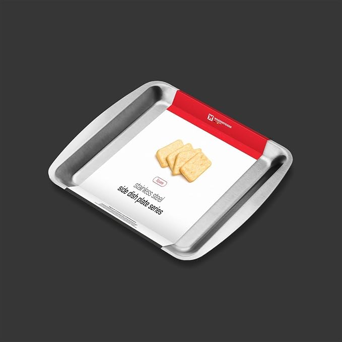 Wagensteiger SUS304 Stainless Steel Serving Platters, Rectangle Metal Dinner Plates with Handles, Decorative Tray, Cheese Board, Compact Size for Appetizer or Side Dishes (9.25 x 8.27 inches)
