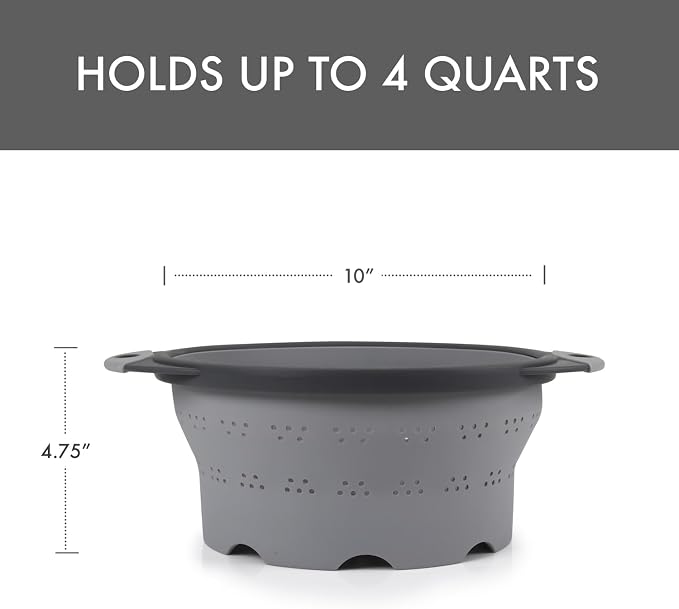 Dexas 10" Collapsible Silicone Colander in Cool Grey, Kitchen Strainer with Handles, 15.1 Cup Capacity | BPA-Free, Heat-Resistant, Space-Saving Kitchen Tool