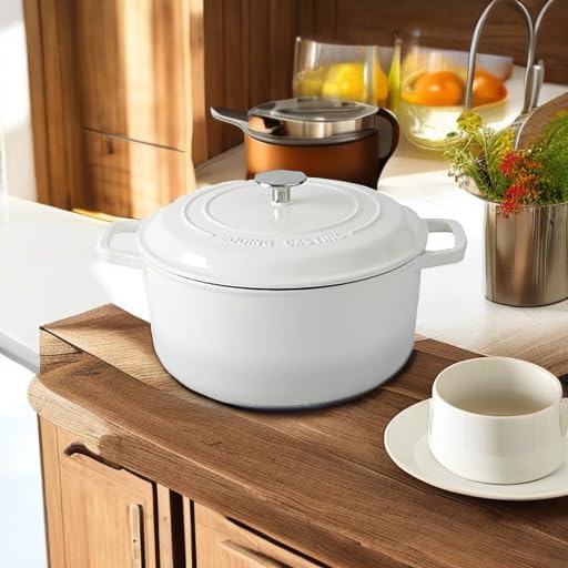EDGING CASTING Enameled Cast Iron Dutch Oven Pot With Lid, Dutch Oven for Sourdough Bread Baking Round Pot Dule Handle, 7.5 Quart, White