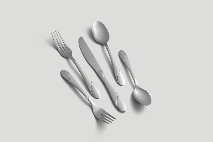 Cambridge Swirl Sand 89-Piece 18/0 Silverware Set for 12, Flatware | sand, dishwasher safe | includes serving spoons and utensil set | heavy duty, cutlery set for kitchen and dining