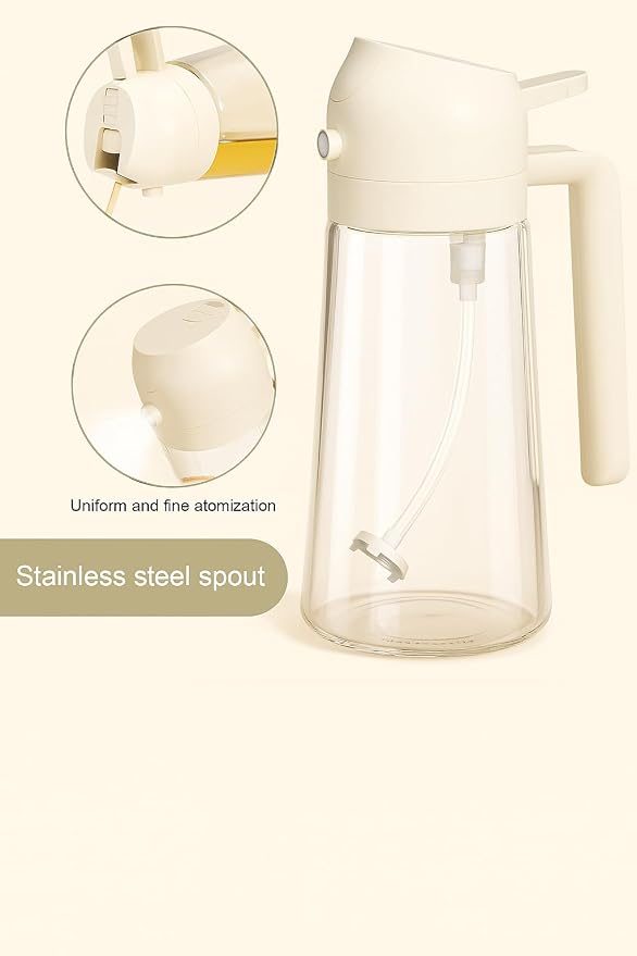 Glass Olive Oil Sprayer 16oz/470ml – 2-in-1 Oil Dispenser & Spray Bottle for Cooking, Portion Control, Salad, Air Fryer, BBQ – Leak-Proof, Fine Mist Bottle with 6 Decorative Labels (Creamy White)
