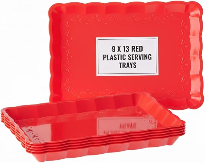 6 Pack Red Plastic Serving Trays for Party, 9 x 13 Inch - Heavy Duty Plastic Trays for Food - Rectangular Party Serving Trays and Platters - Red Disposable Trays