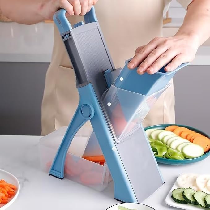 Mandoline Slicer Vegetable Cutter with Container - No Blade Change Needed, Adjustable 0.1-8mm Thickness, Stainless Steel, Hand Guard, Julienne Waffle Cuts for Meal Prep (Green)