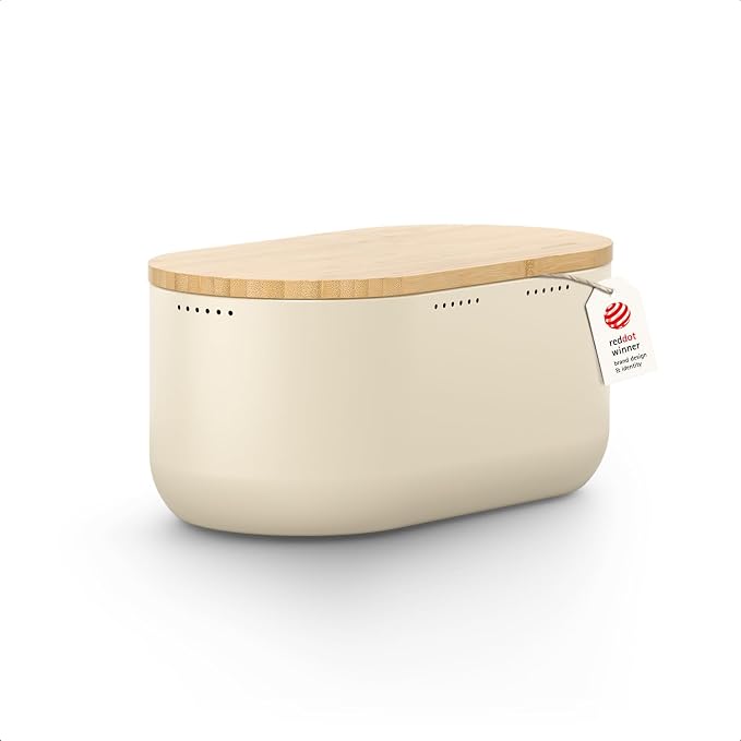 LARS NYSØM Bread Box I Metal bread box for long lasting freshness with non-slip pads I Baked goods Bin with bamboo lid usable as cutting board I 13.6x7.3x6.2in (Almond Beige)