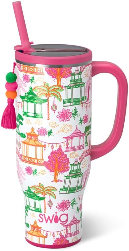 Swig Life 30oz Insulated Mega Mug with Handle & Straw, Pagoda Paradise | Triple Insulated Stainless Steel - Handle & Straw Included - Extra Large Capacity - Cup Holder Friendly