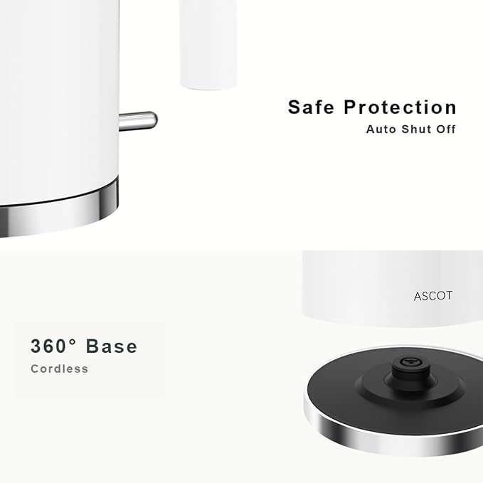 ASCOT Electric Kettle, Plastic-Free Stainless Steel Tea Kettle 1.5L 1500W Retro Tea Heater & Boiling Water, Auto Shut-Off and Boil-Dry Protection (White)