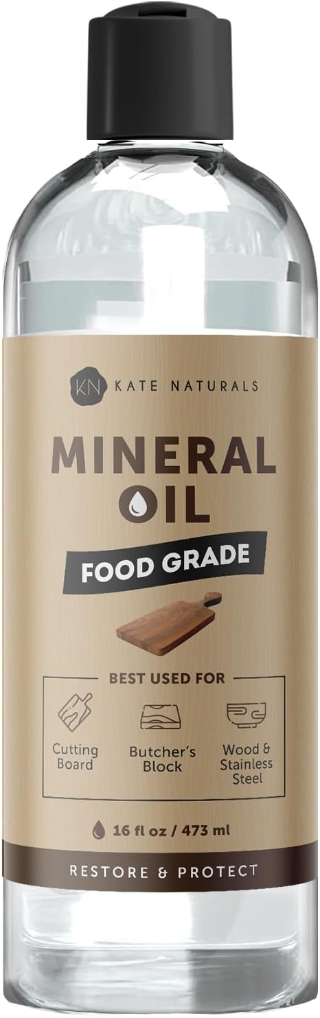 Kate Naturals Mineral Oil for Wood Cutting Board, Food Grade, Odorless,16oz | Food Safe Mineral Oil to Protect Wooden Cutting Board, Butcher Block, Utensils, Bamboo Boards, Stainless Steel Knife