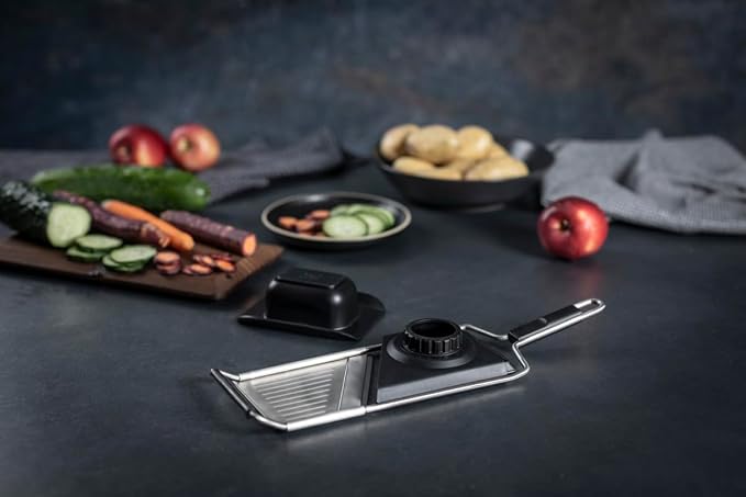 Kuhn Rikon Essential Mandoline Slicer – Adjustable Stainless Steel Blade for Vegetables & Fruit – Non-Slip Base, Safety Hand Guard Included