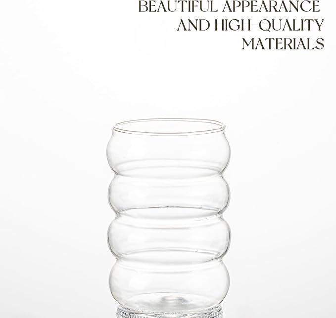 KEMORELA 2PCS Wave Bubble Beverage Glasses With Straws, 18 Oz Vintage Glass Cups, Aesthetic Iced Coffee Glasses, Ripple Glassware, Beer Glasses - Stylish Drinkware for Every Occasion