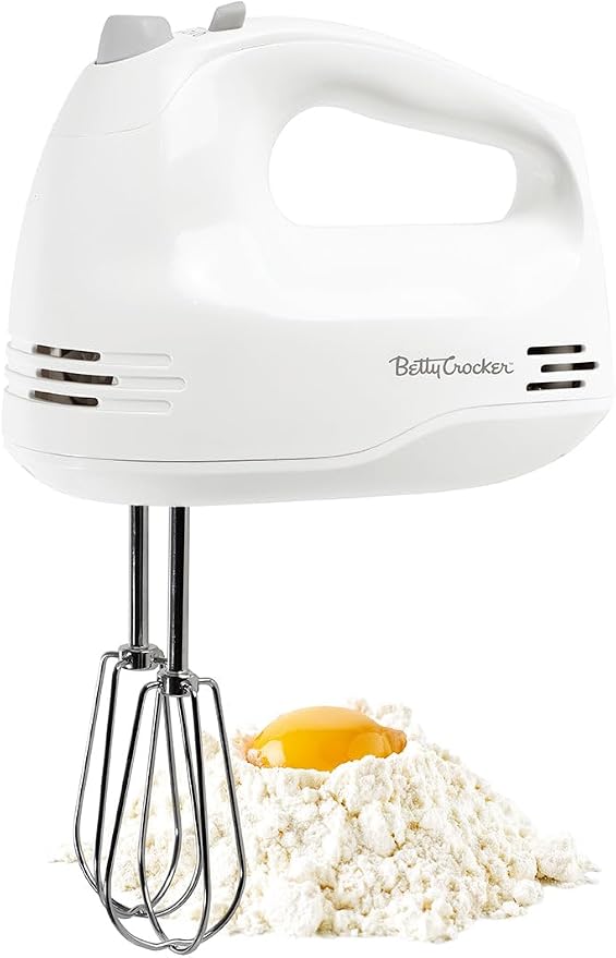Betty Crocker 5-Speed Hand Mixer, 150 Watts Power, BC-4203WT, White | Easy-Clean Chrome Plate Beaters, Beater Eject Button, Heel Rest, Sleek Compact Design, Apartment Essentials